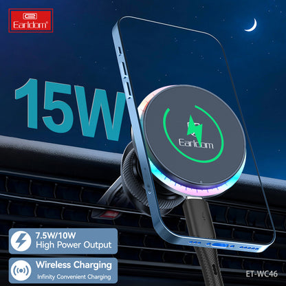 Автотримач магнітний на повітропровід з бездротовою зарядкою 15W Earldom ET-WC46