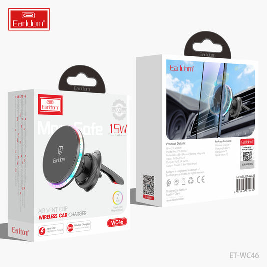 Автотримач магнітний на повітропровід з бездротовою зарядкою 15W Earldom ET-WC46