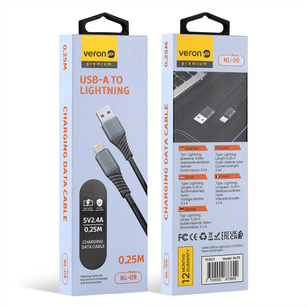 Кабель Lightning 2.4A (0.25m) Veron NL09 Nylon