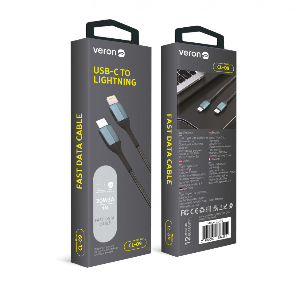 Кабель USB C to Lightning 20W PD (1m) Veron CL09 Nylon — Black