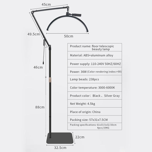 Бестеневая LED-лампа HD-M40X, 36 Вт, 145-187 см, черная цветовая температура 3200-5600 K, 50 см, свет:238 головка лампы из сплава + металлическая опора