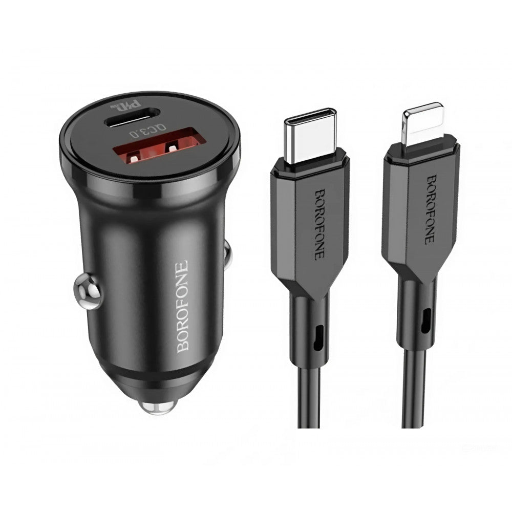 Car Charger 20W PD QC3.0 C to Lightning Cable (1m) Borofone BZ18A — Black