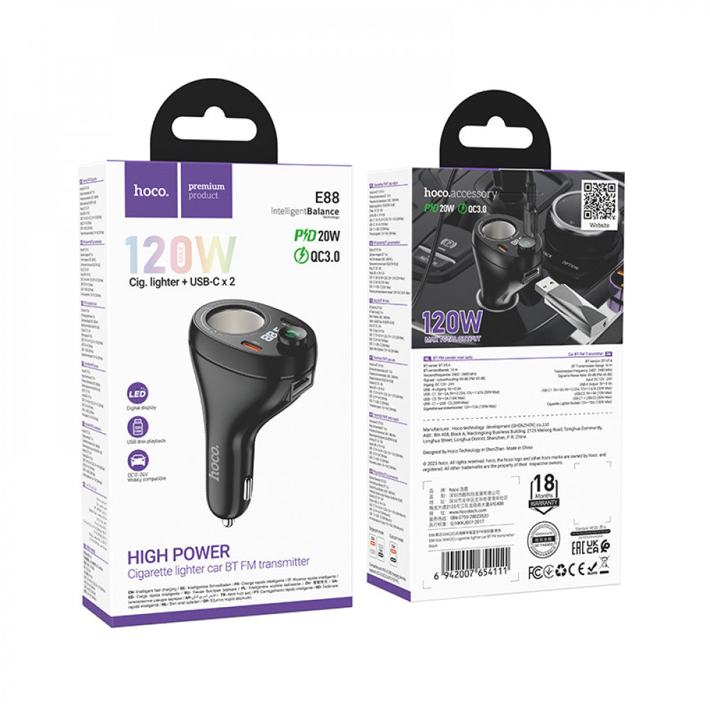 Fm Transmitter MP3 | Car Charger | 3.0A | 2 PD35W — Hoco E88
