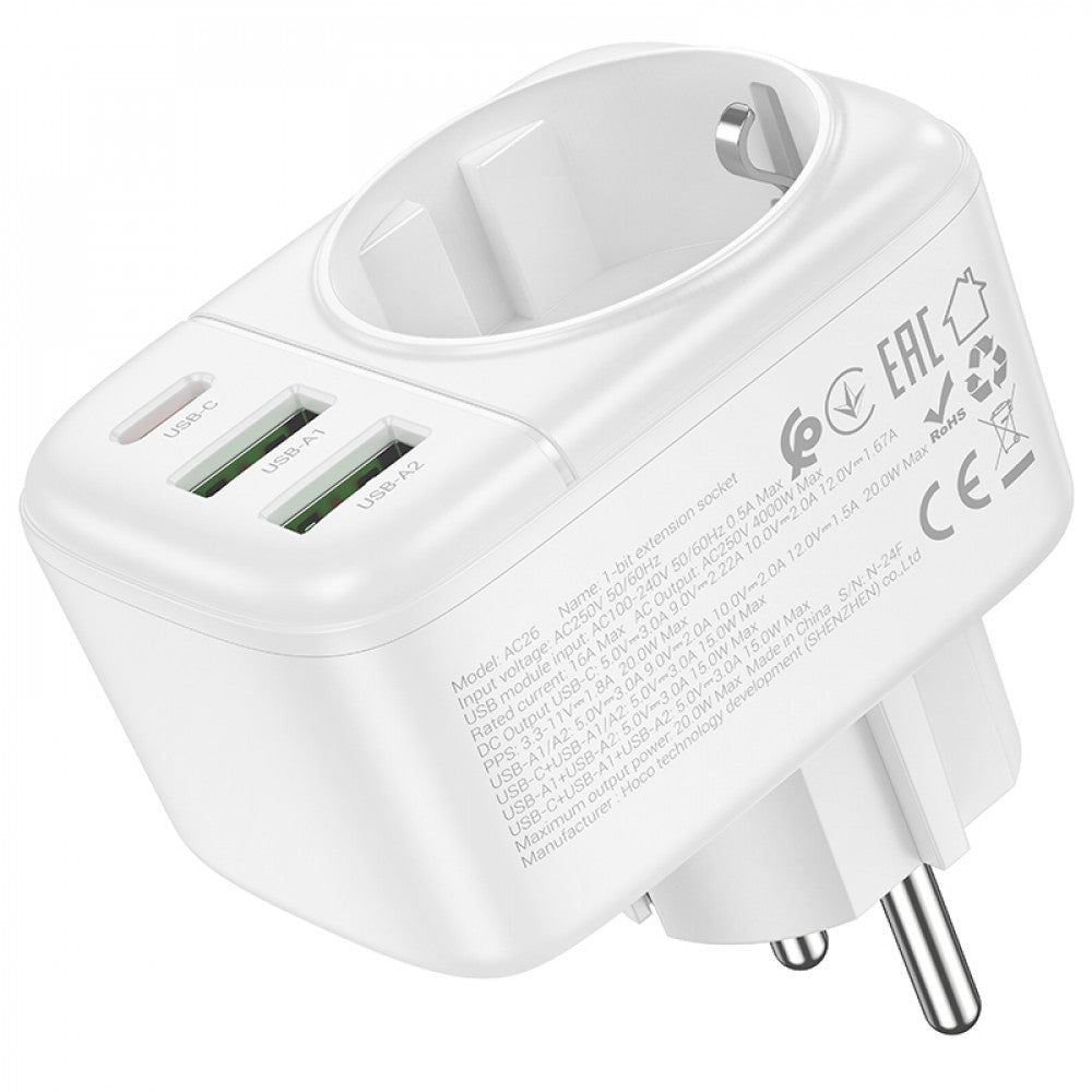 Фільтр живлення 2U | 1P | 1C - Hoco AC26 - White