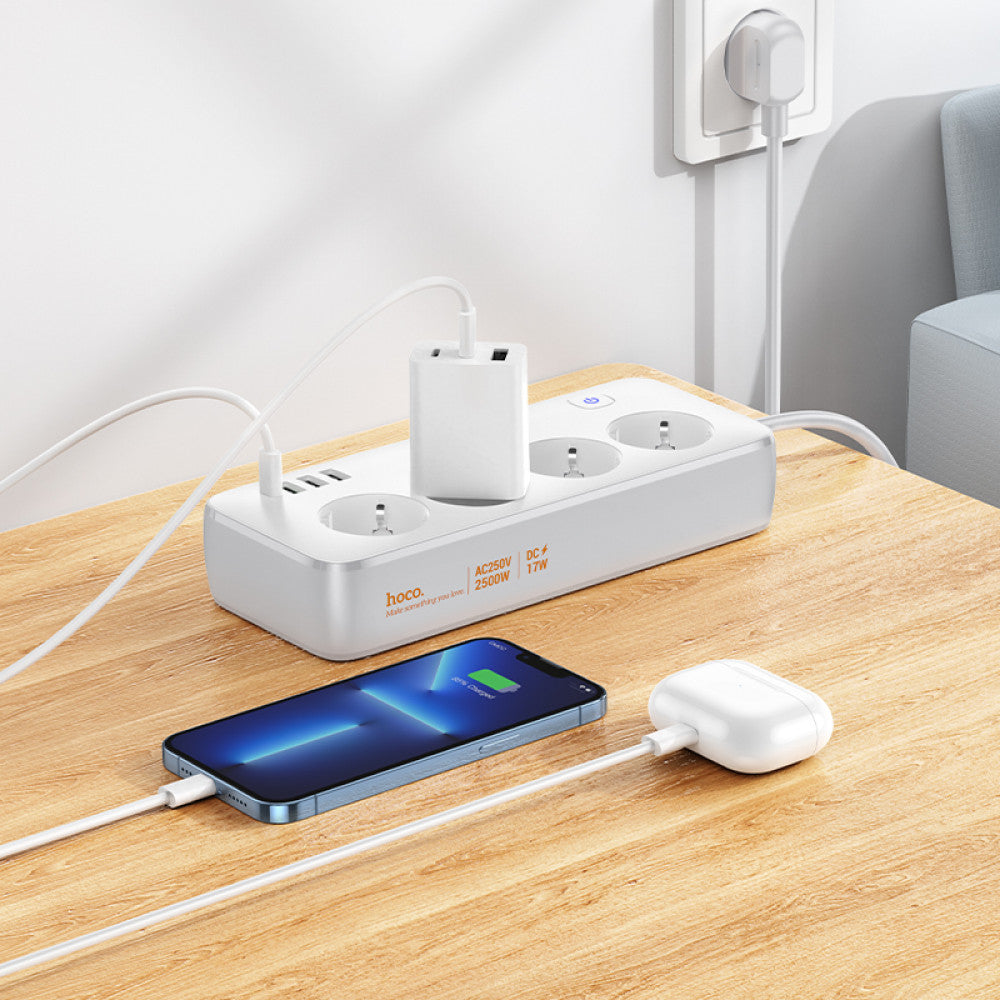 Фільтр живлення 2500W 3U | 4P | 1C 17W | 2m — Hoco AC21 — Black