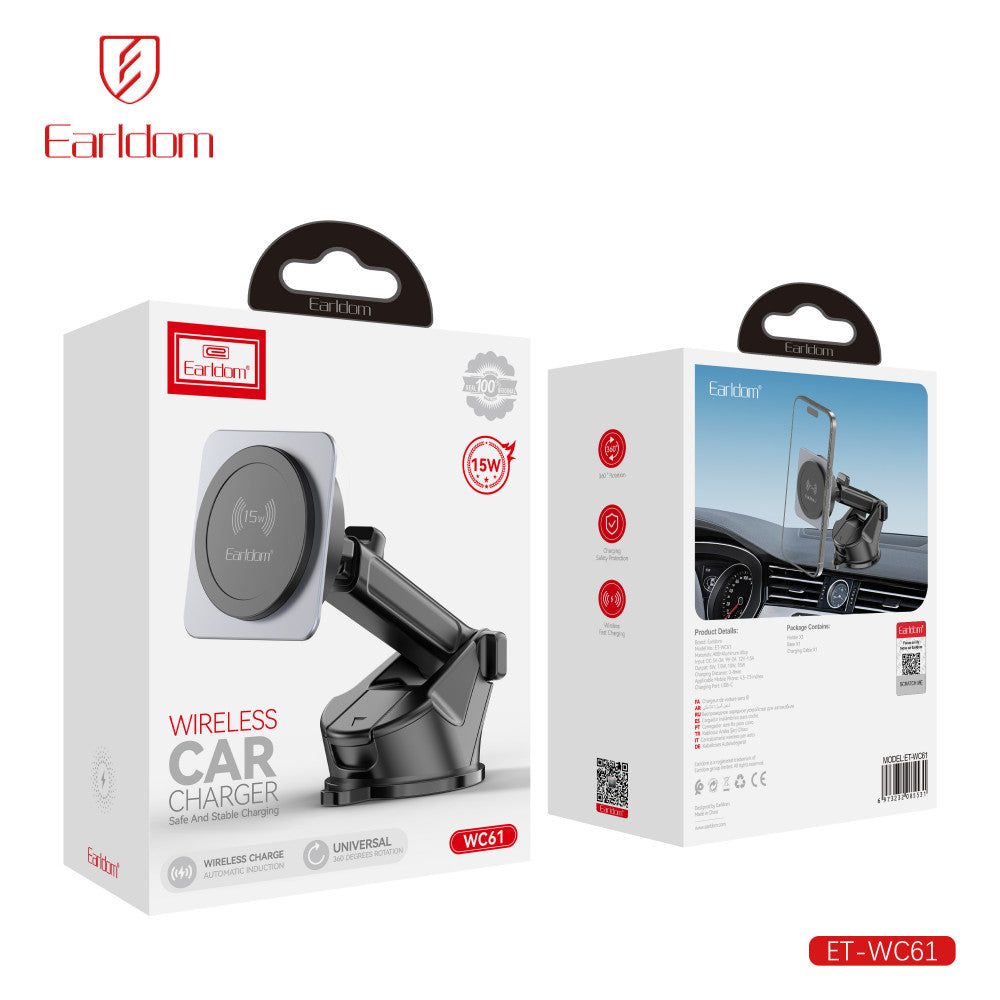 Автотримач магнітний на присосці з бездротовою зарядкою 15W Earldom ET-WC61