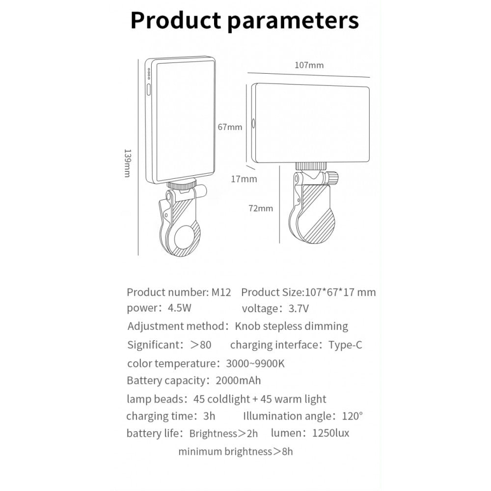 Селфи вспышка M12 7,4W color 2500-9000K CRI95+ Battery 3000mAh