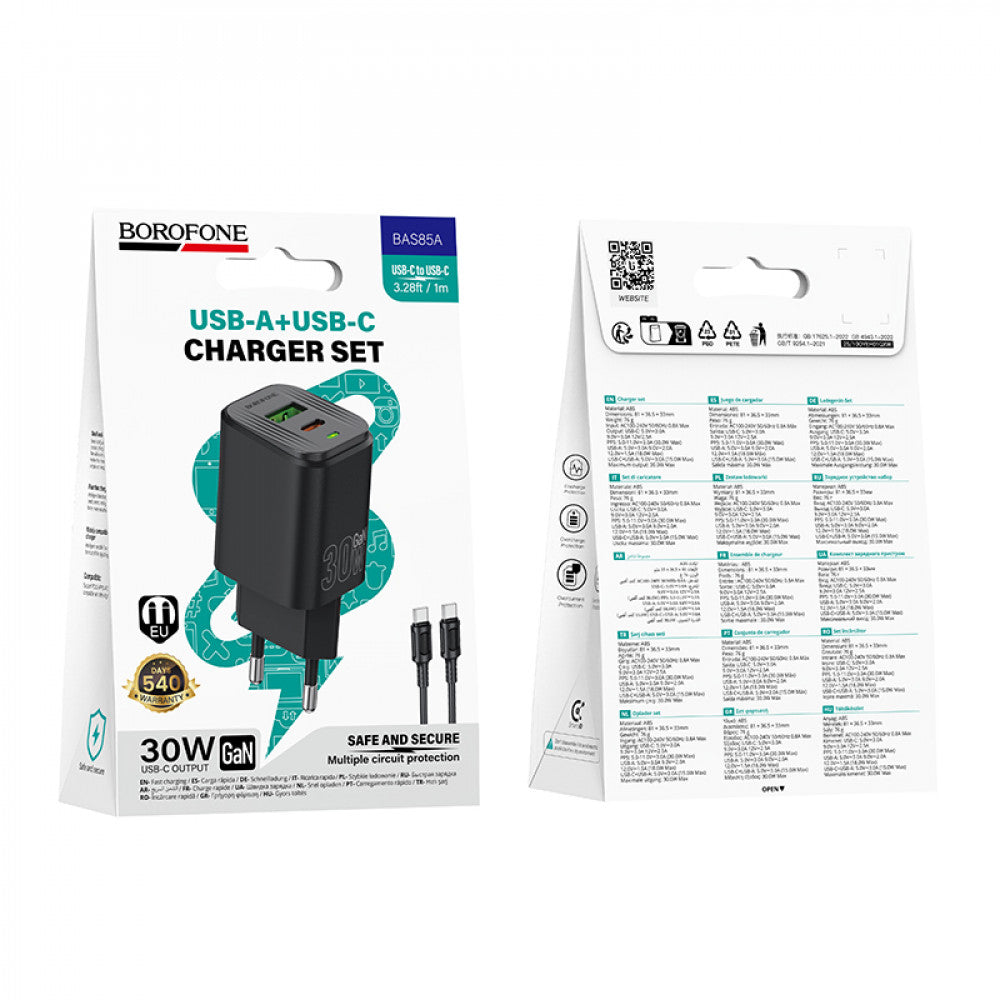 Home Charger | 30W | PD | QC3.0 | C to C Cable (1m) — Borofone BAS85A