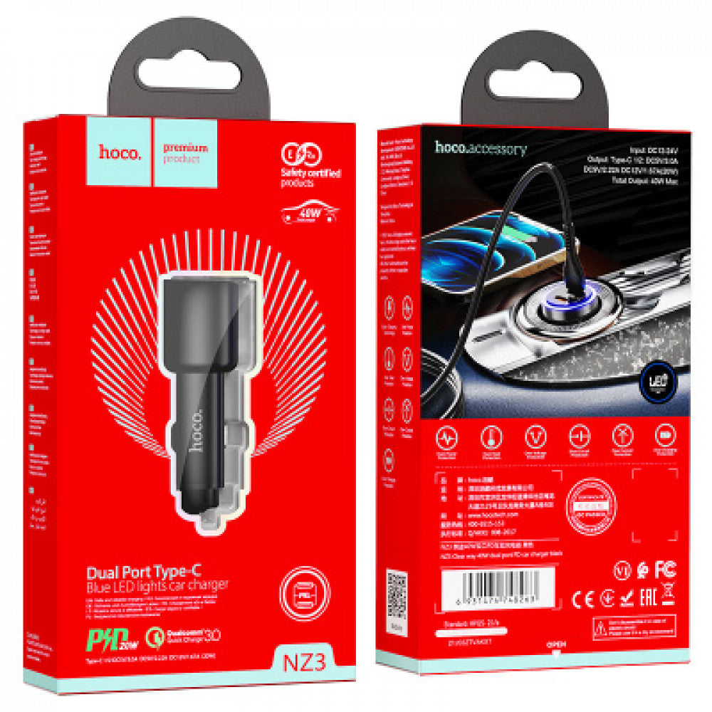 Car Charger | 40W | PD | 2 USB-C |  — Hoco NZ3 — Black