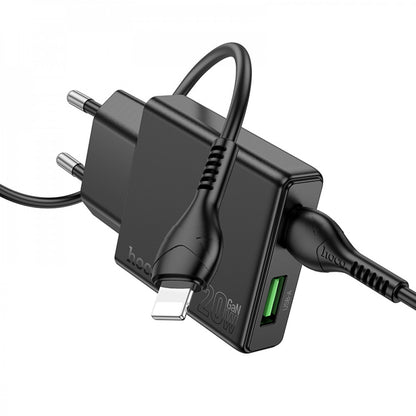 Home Charger | 20W | PD | QC3.0 | C to Lightning Cable (1m) — Hoco N38 — Black