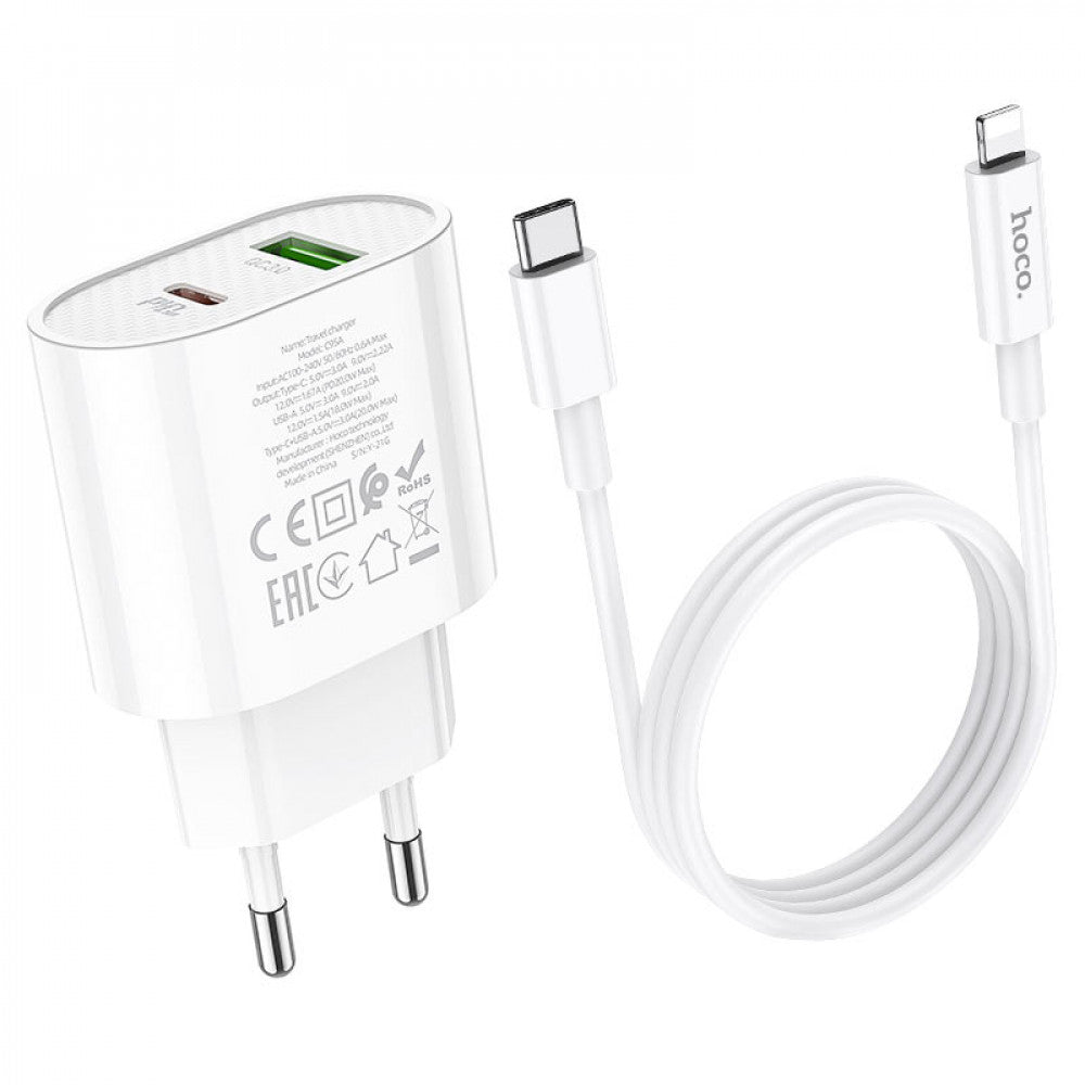 Home Charger | 20W | PD | QC3.0 | C to Lightning Cable (1m) — Hoco C95A — White