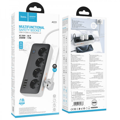 Фільтр живлення 2500W 3U | 4P | 1C 17W | 2m — Hoco AC21 — Black