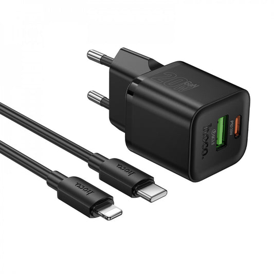Home Charger | 20W | PD | QC3.0 | C to Lightning Cable (1m) — Hoco N65 — Black