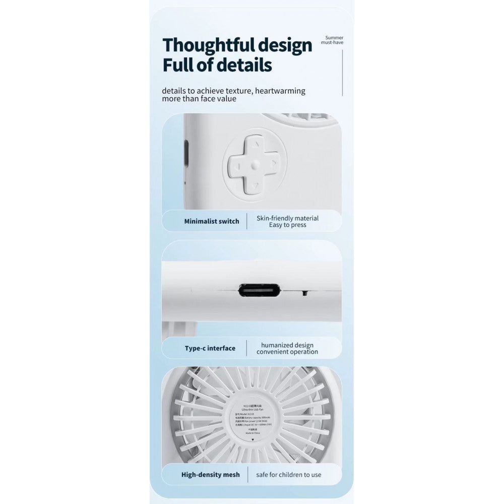 Портативный мини вентилятор N12-B - 800 mAh — White