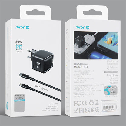 Home Charger | 20W | QC3.0 | Type C To Lightning Cable (1m) — Veron TC20