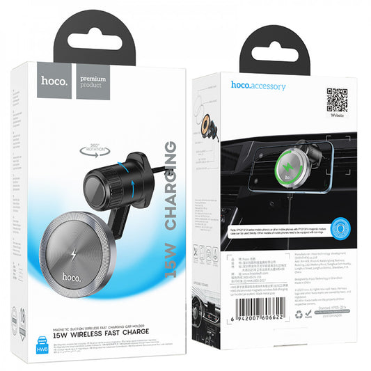 Автотримач магнітний на повітропровід з бездротовою зарядкою 15W Hoco HW6 — Black