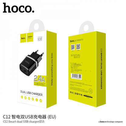 Home Charger 2.4A 2U Lightning Cable (1m) Hoco C12 Black - Black
