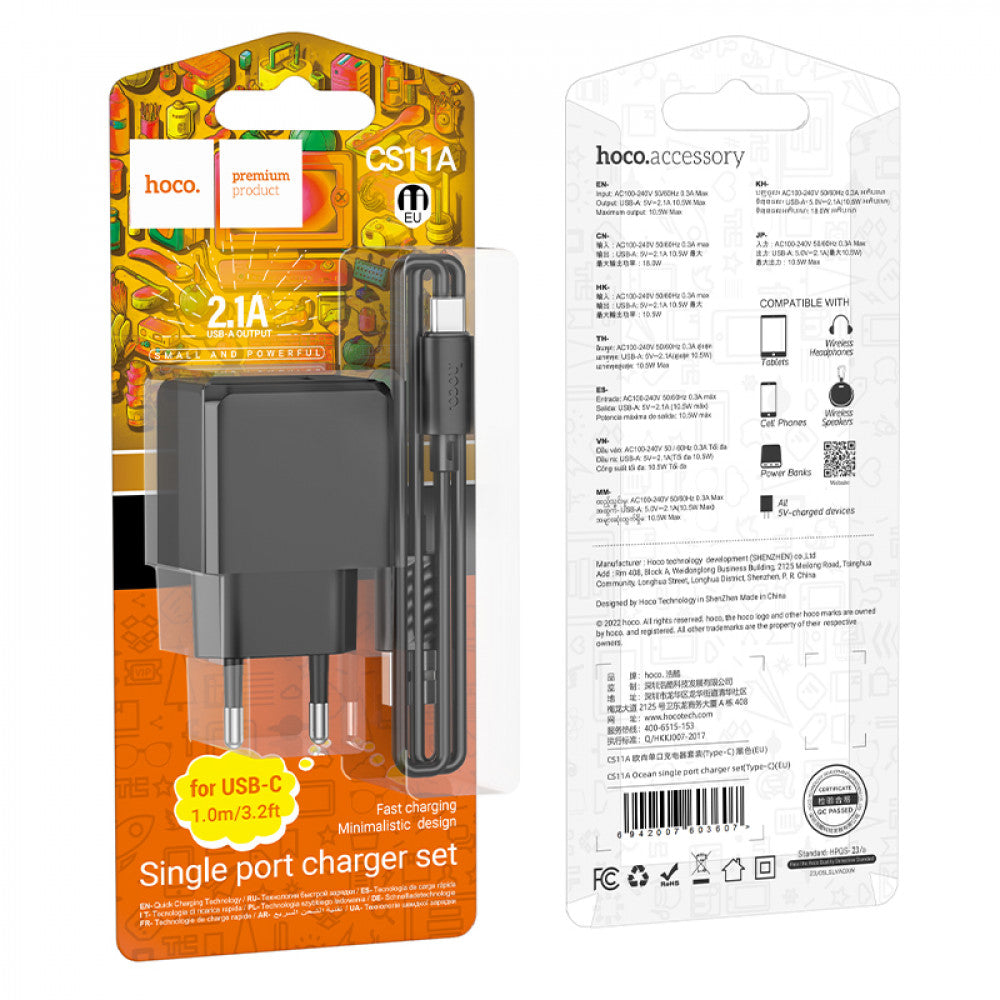 Home Charger | 2.1A | 1U | USB C Cable (1m) - Hoco CS11A - Black