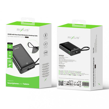 Power Bank 20000 mAh | 22.5W  —Rixus RXPB02B With USB-C Cable Built-in