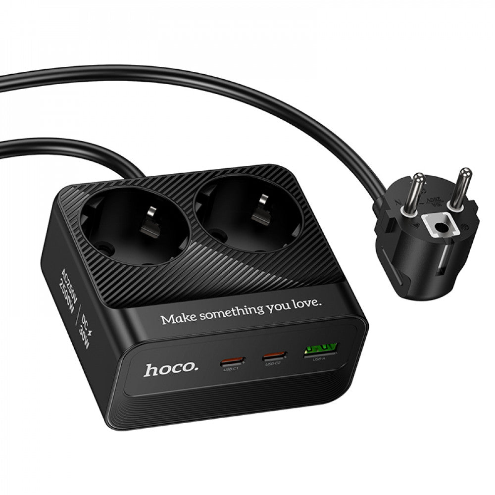 Power Extension 1U | 2P | 2C — Hoco AC27 L=2M  — Black
