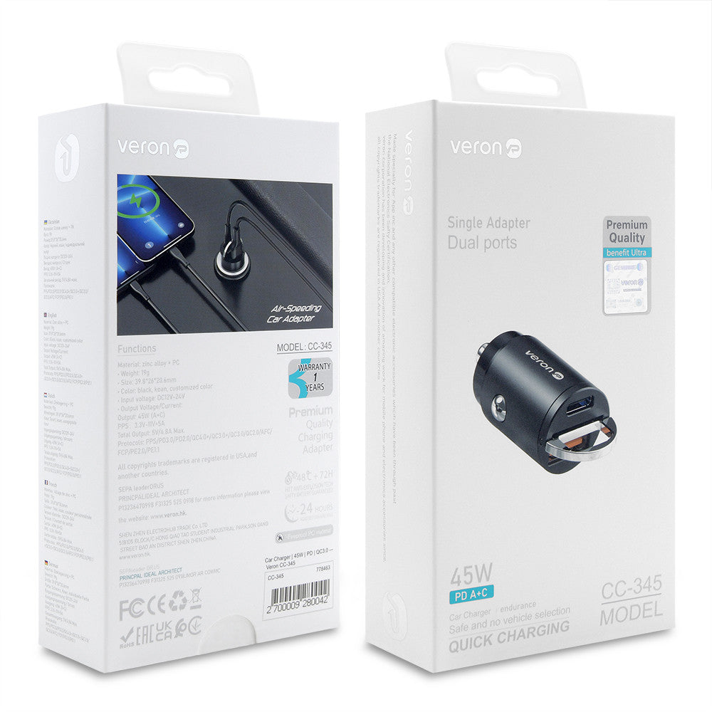 Car Charger | 45W | PD | QC3.0 — Veron CC-345