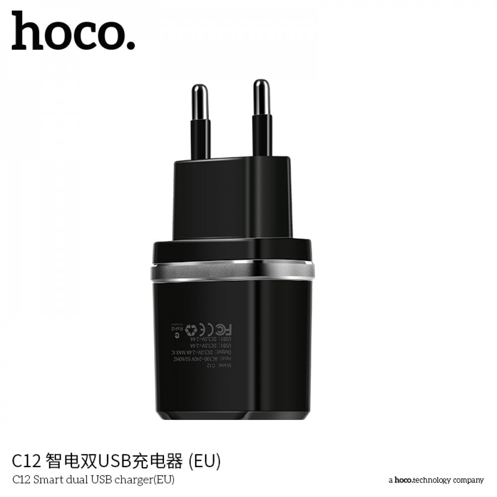 Home Charger 2.4A 2U Lightning Cable (1m) Hoco C12 Black — Black