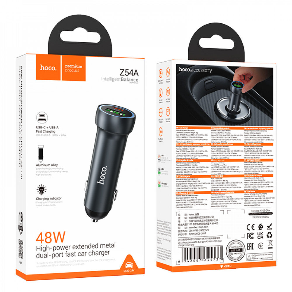 Car Charger | 48W | PD | QC3.0 — Hoco Z54A — Metal Grey