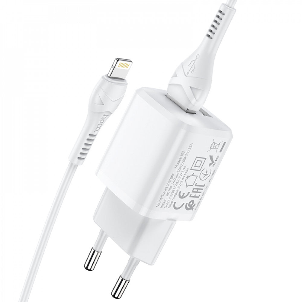 Home Charger 2.4A 2U Lightning Cable (1m) Hoco N8 — White