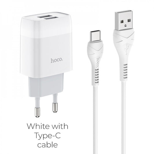 Home Charger | 2.4A | 2U | USB C Cable (1m) — Hoco C73A — White