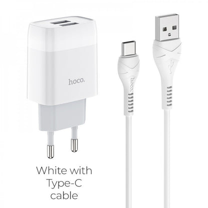 Home Charger 2.4A 2U USB C Cable (1m) Hoco C73A — White