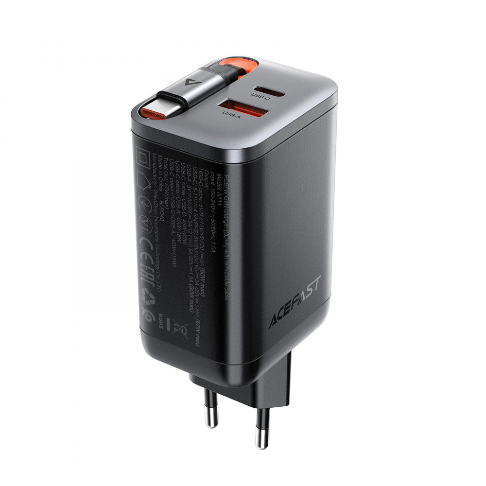 Зарядное устройство для Acefast A111, 67 Вт, 2PD, QC3.0, кабель USB-C – USB-C (0.65 м)