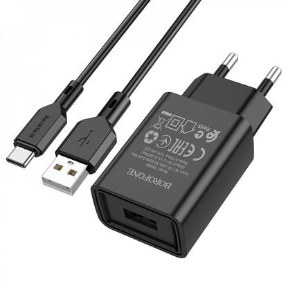 Home Charger | 2.1A | 1U | USB C Cable (1m) — Borofone BA68A — Black