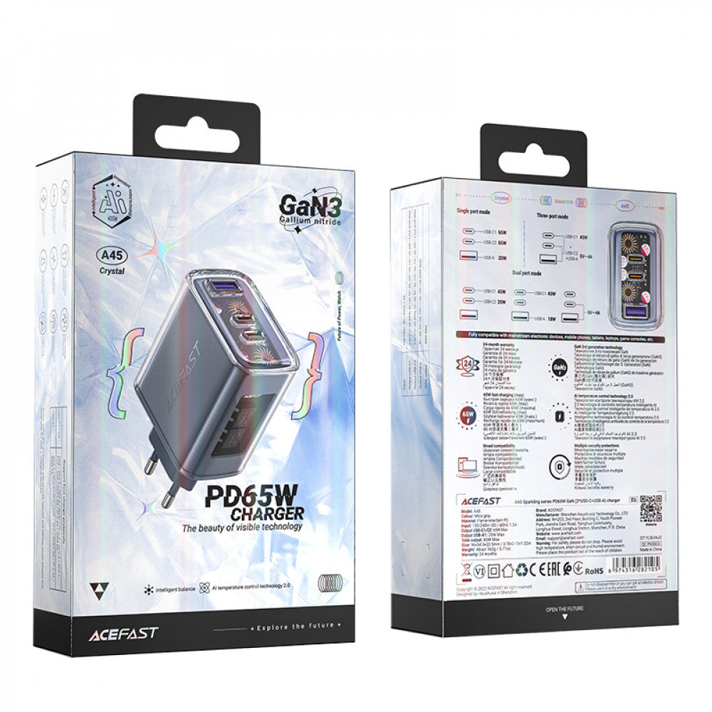 Зарядное устройство для Acefast A45, 65 Вт, GaN, 2PD, QC 3.0