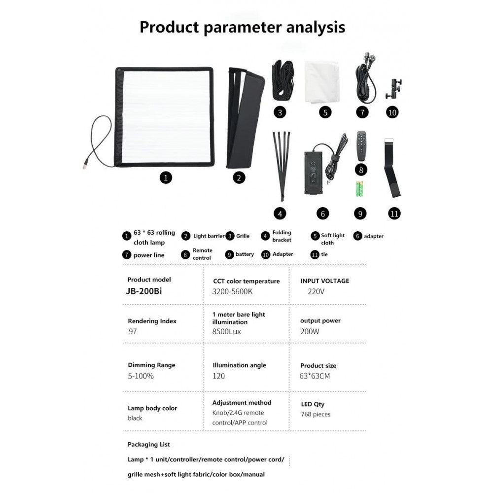 Гнучкий світлодіодний відеосвітло ZSYB JB-200X 200W 3200K-5600K з керуванням через додаток 63 см