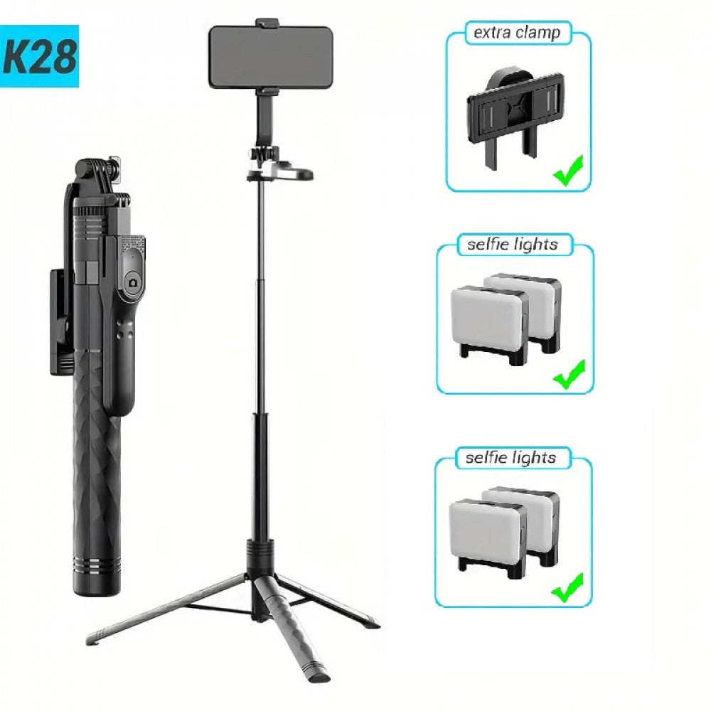 Monopod Tripod K28-4 | Button Bluetooth | Dual Clamps & Lights x2