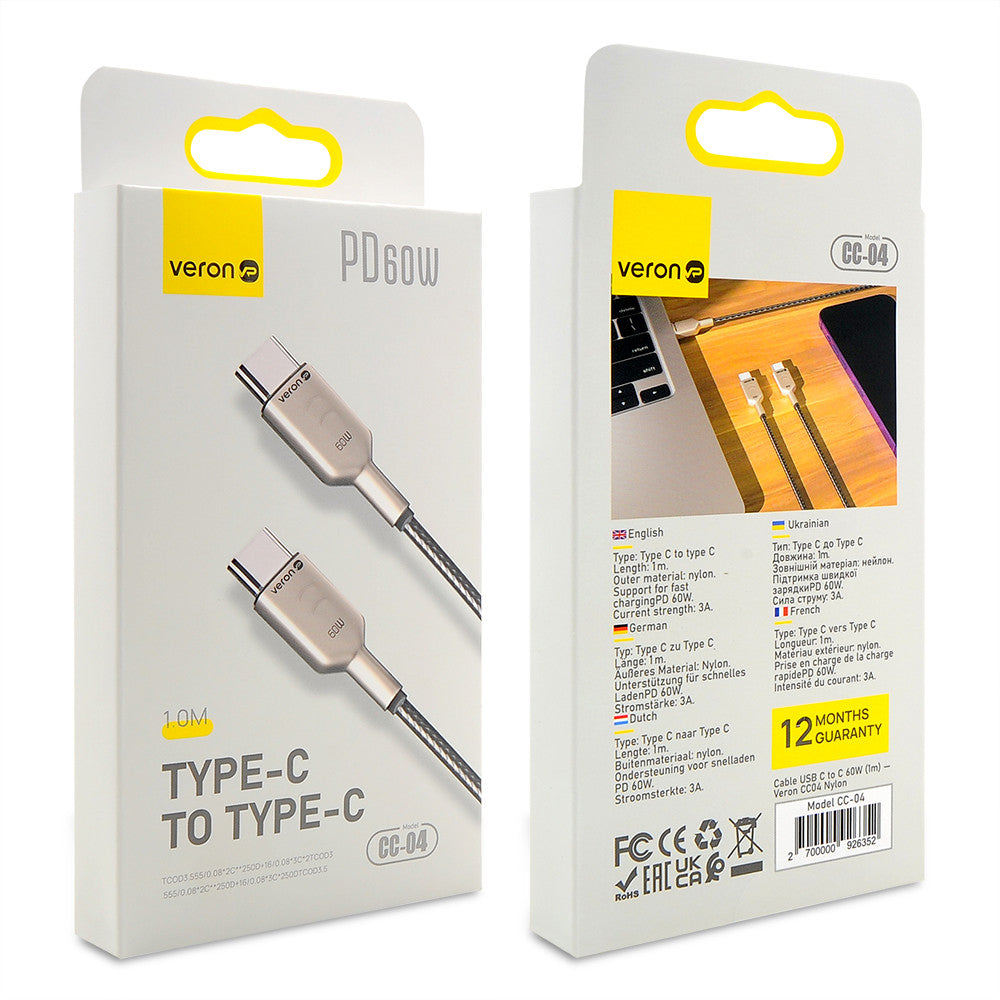 Кабель USB C to C 60W PD (1m) Veron CC04 Nylon — Black