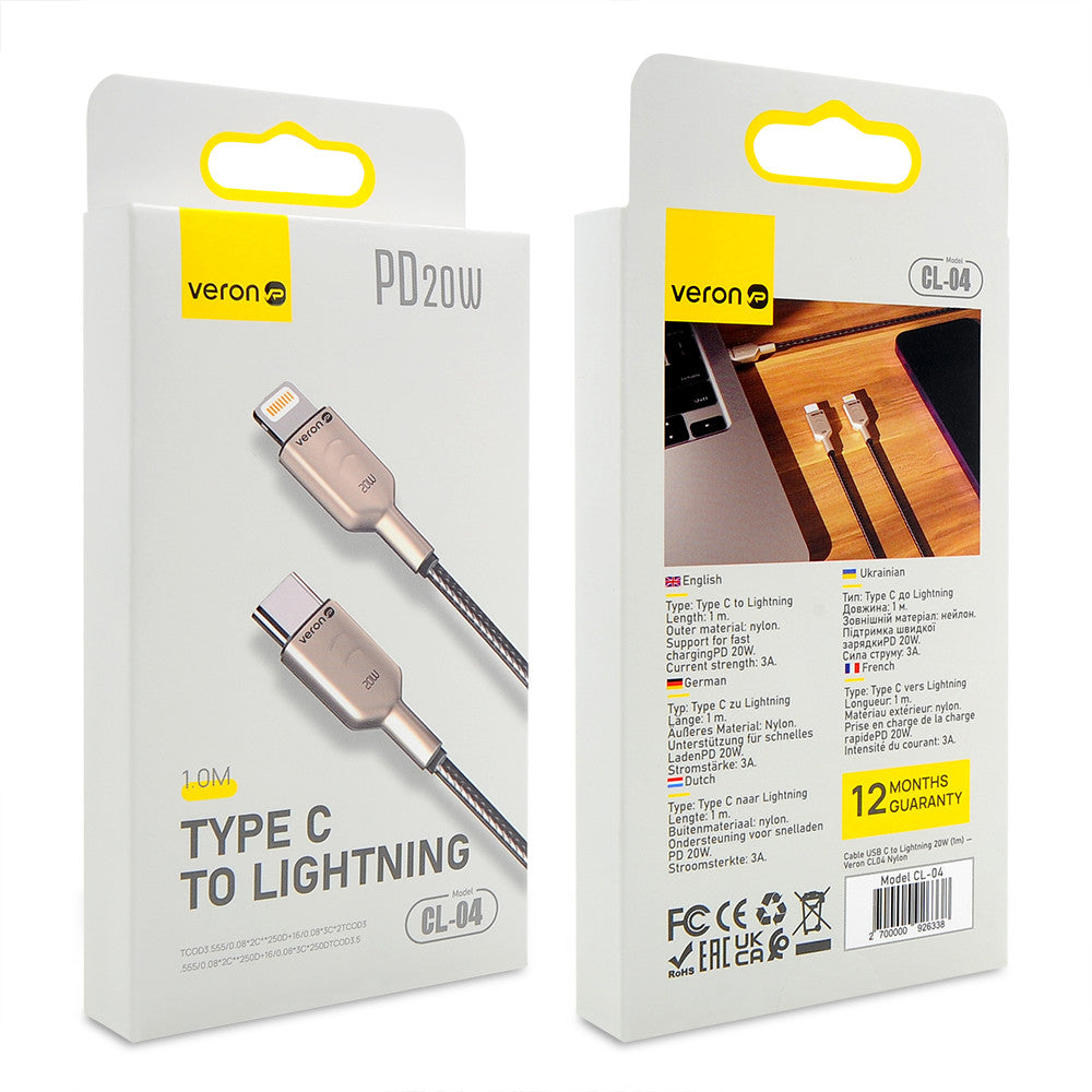 Кабель USB C to Lightning 20W PD (1m) Veron CL04 Nylon