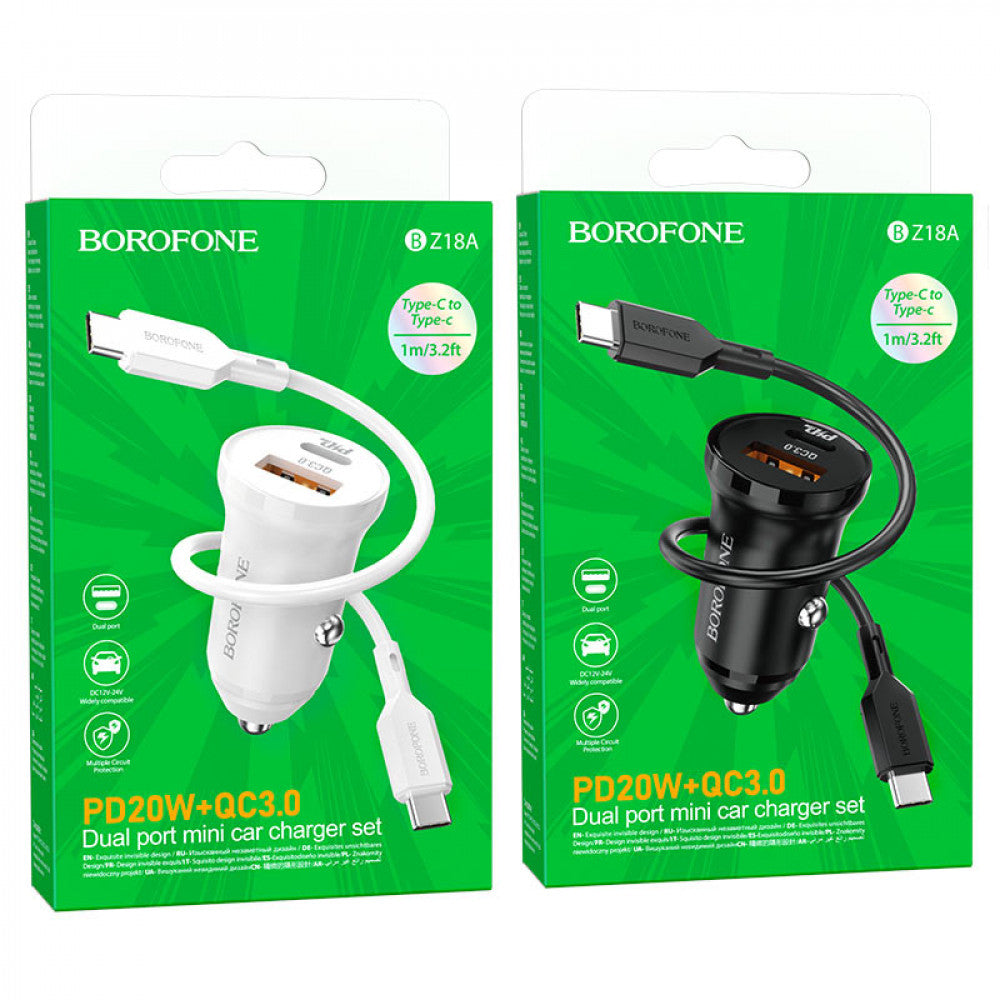 Car Charger 20W PD QC3.0  USB C Cable (1m) Borofone BZ18A — Black