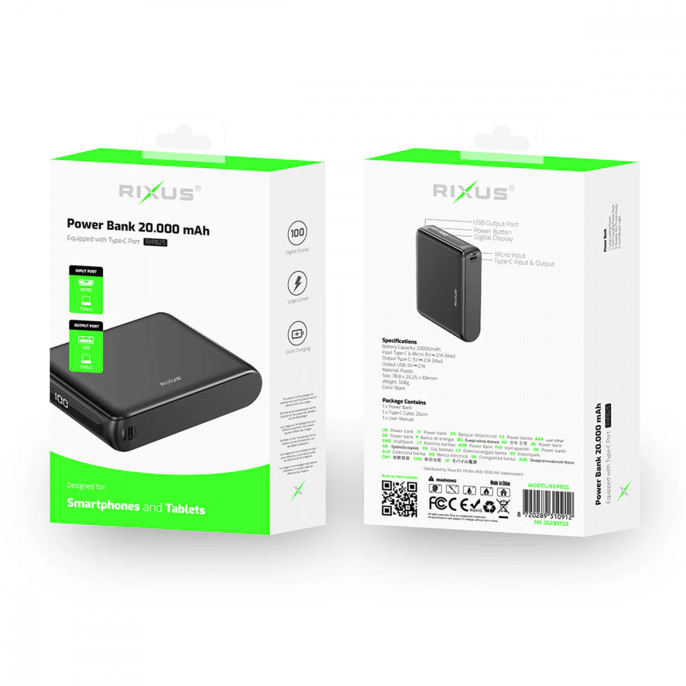 Power Bank 20000 mAh   —Rixus RXPB25 Compact Digital Display