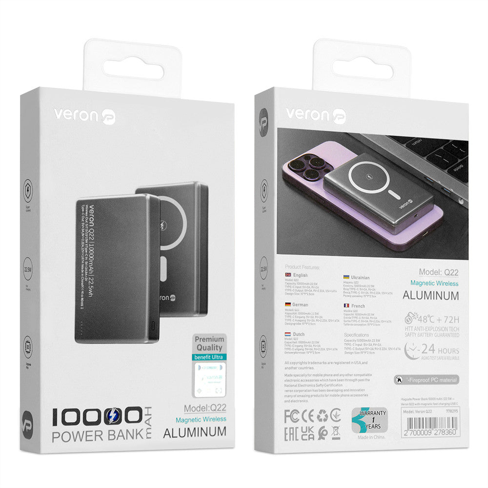 Power Bank 10000 mAh | 22.5W — Veron Q22 withMagsafe   magnetic fast charging USB C