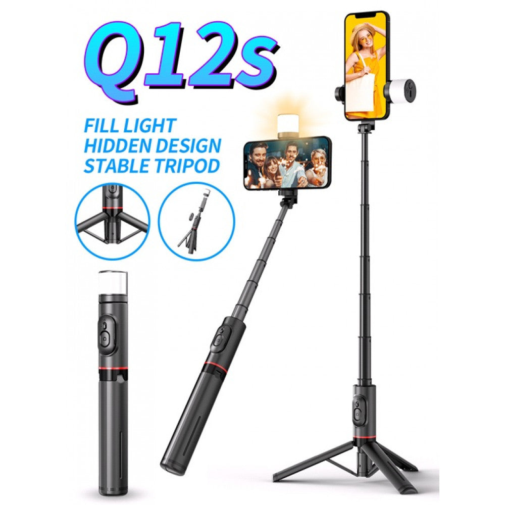 Monopod Tripod Q12S | 0.758mm | Hidden Design Rotatable Fill Light Bluetooth Tripod Selfie Stick(Aluminium Alloy)