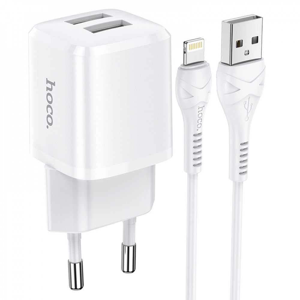 Home Charger 2.4A 2U Lightning Cable (1m) Hoco N8 — White