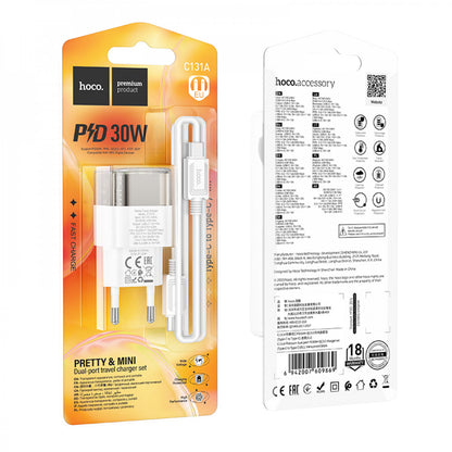 Home Charger 30W PD QC3.0 C-C Cable (1m) Hoco C131A - Transparent Black