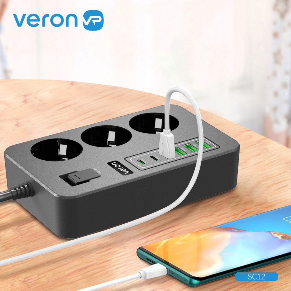 Фiльтр живлення 4USB | 2USB-C | 3P | 3.1A | 2m —  Veron SC12