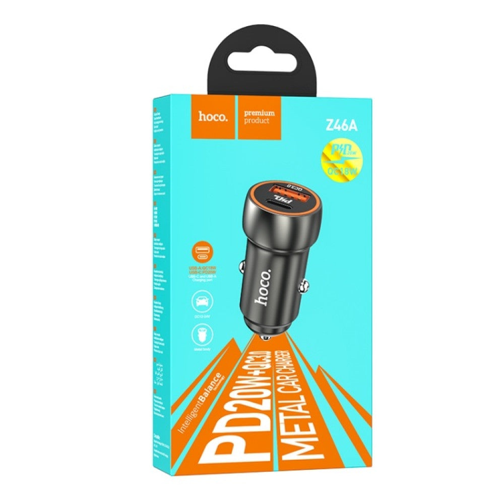 Car Charger | 20W | PD | USB QC3.0 | USB-C | — Hoco Z46A — Metal Gray
