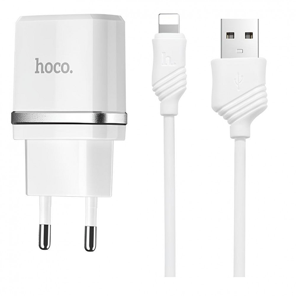 Home Charger 2.4A 2U Lightning Cable (1m) Hoco C12 Black — White