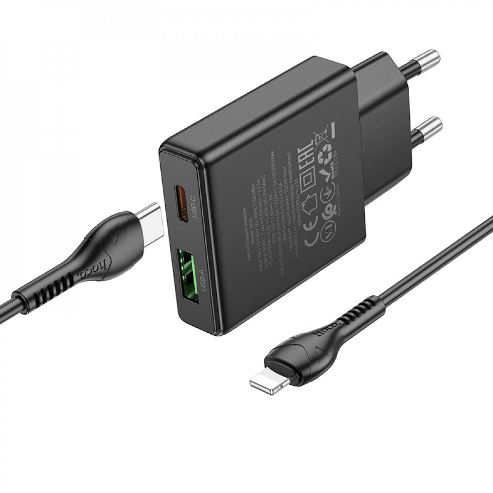 Home Charger | 20W | PD | QC3.0 | C to Lightning Cable (1m) — Hoco N38 — Black