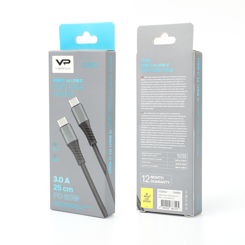 Кабель USB C to C 20W PD (0.25m) Veron C09s Nylon