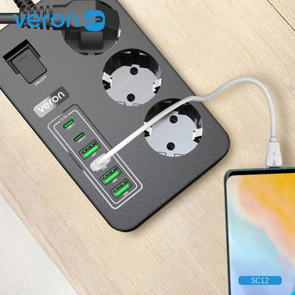 Фiльтр живлення 4USB | 2USB-C | 3P | 3.1A | 2m —  Veron SC12