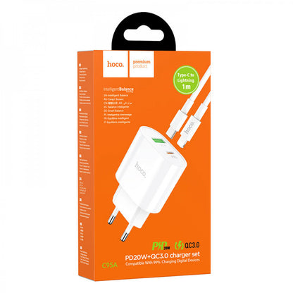 Home Charger | 20W | PD | QC3.0 | C to Lightning Cable (1m) — Hoco C95A — White